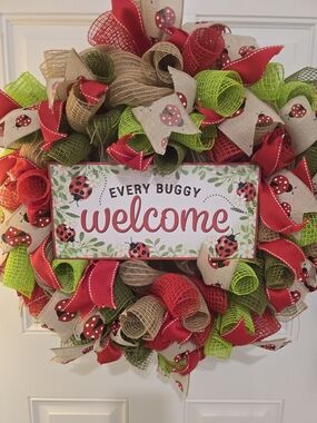 Welcome Ladybug Holiday Wreath - Red, Green & Natural